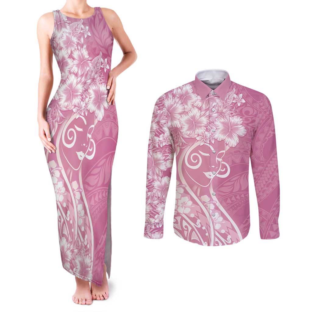 Polynesian Women's Day Couples Matching Tank Maxi Dress and Long Sleeve Button Shirt Pink Hibiscus Flowers With Polynesian Pattern