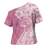 Polynesian Women's Day Cross Shoulder Shirt Pink Hibiscus Flowers With Polynesian Pattern