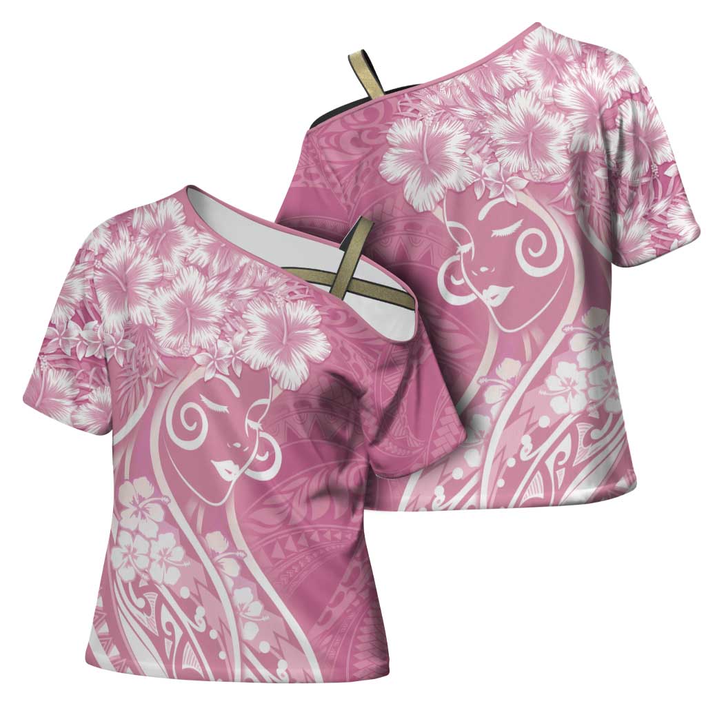 Polynesian Women's Day Cross Shoulder Shirt Pink Hibiscus Flowers With Polynesian Pattern