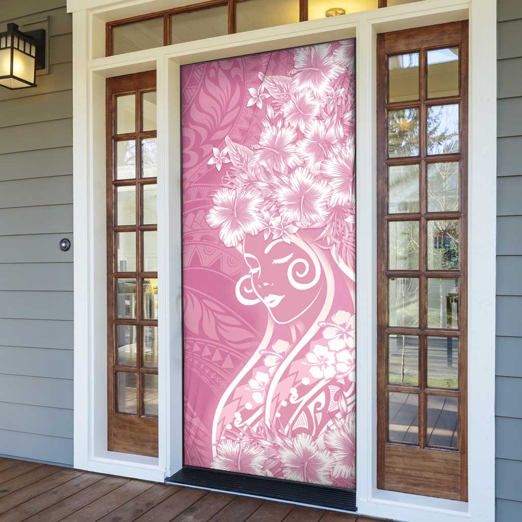 Polynesian Women's Day Door Cover Pink Hibiscus Flowers With Polynesian Pattern