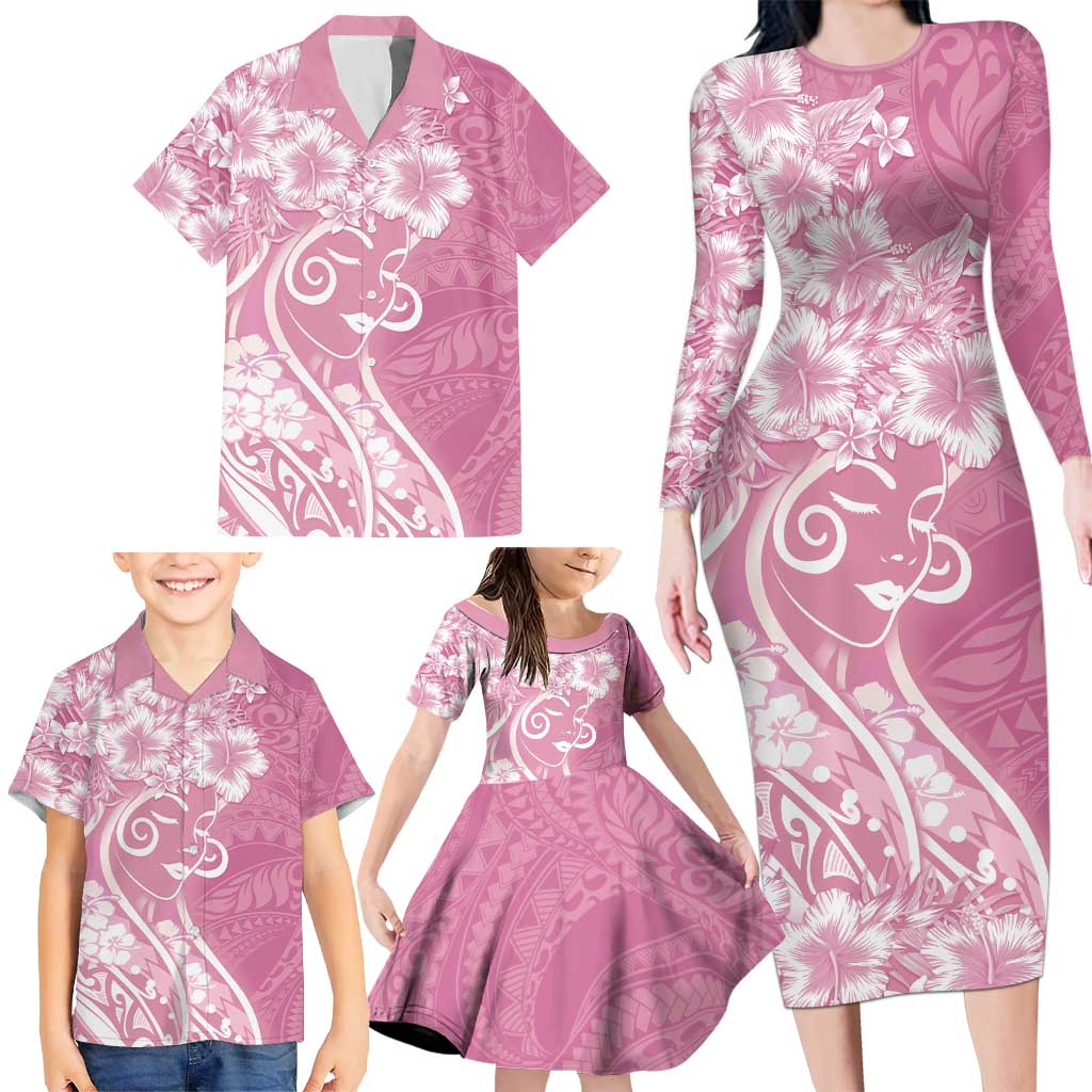 Polynesian Women's Day Family Matching Long Sleeve Bodycon Dress and Hawaiian Shirt Pink Hibiscus Flowers With Polynesian Pattern