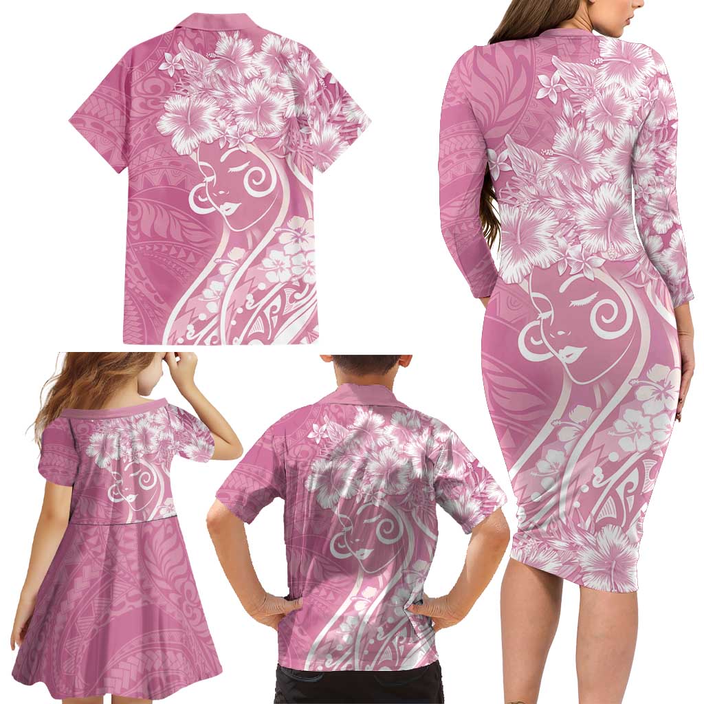 Polynesian Women's Day Family Matching Long Sleeve Bodycon Dress and Hawaiian Shirt Pink Hibiscus Flowers With Polynesian Pattern LT05 - Polynesian Pride