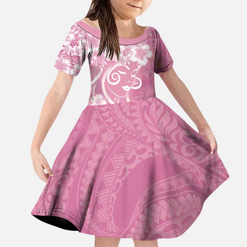 Polynesian Women's Day Family Matching Mermaid Dress and Hawaiian Shirt Pink Hibiscus Flowers With Polynesian Pattern LT05 Daughter's Dress Pink - Polynesian Pride