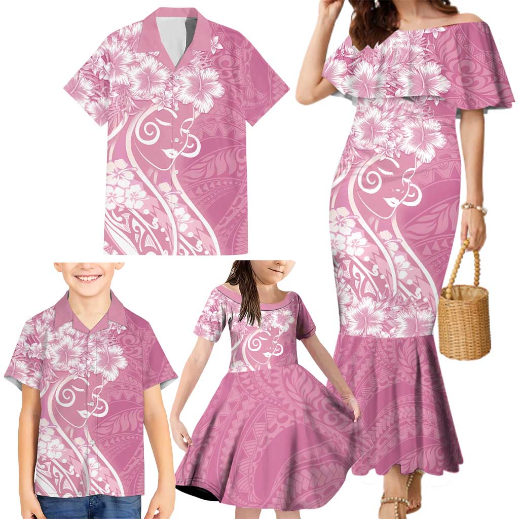 Polynesian Women's Day Family Matching Mermaid Dress and Hawaiian Shirt Pink Hibiscus Flowers With Polynesian Pattern LT05 - Polynesian Pride