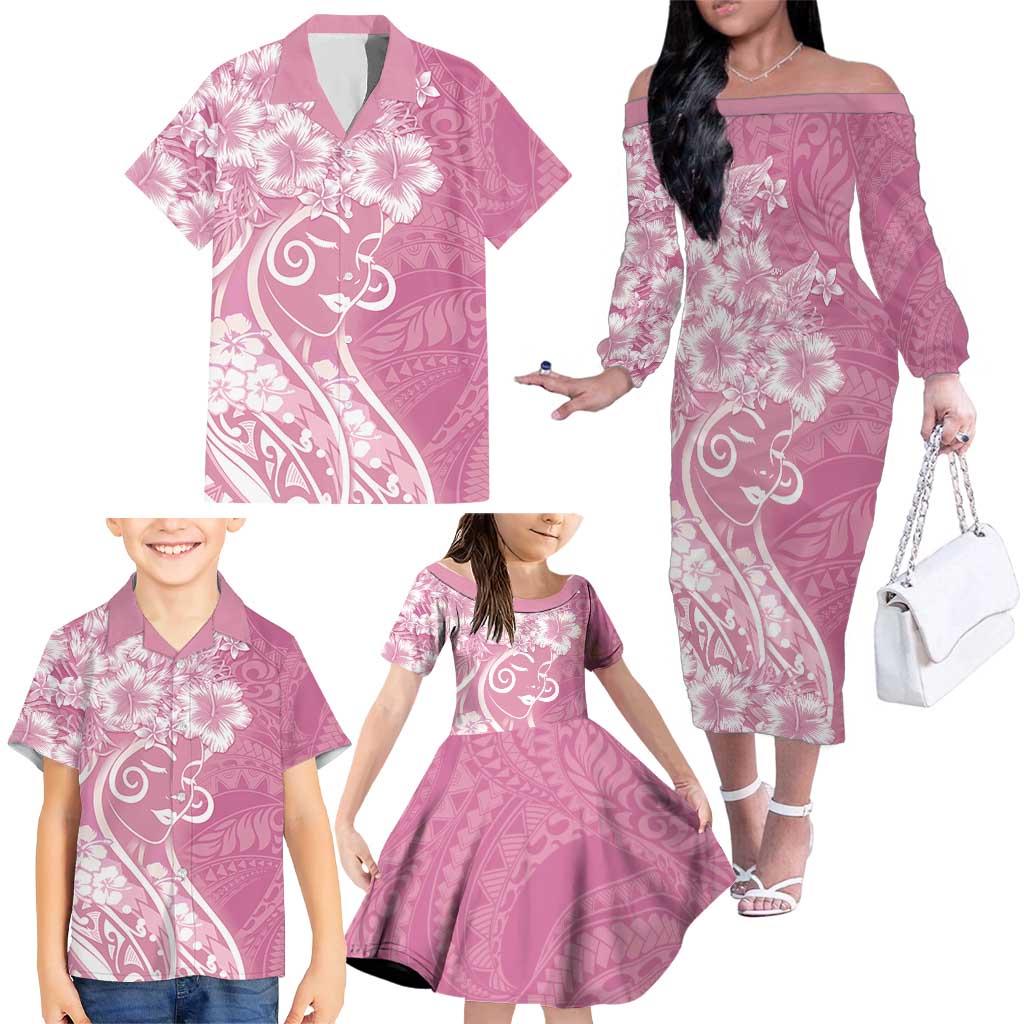 Polynesian Women's Day Family Matching Off The Shoulder Long Sleeve Dress and Hawaiian Shirt Pink Hibiscus Flowers With Polynesian Pattern