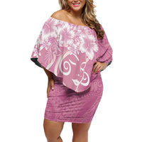 Polynesian Women's Day Family Matching Off Shoulder Short Dress and Hawaiian Shirt Pink Hibiscus Flowers With Polynesian Pattern