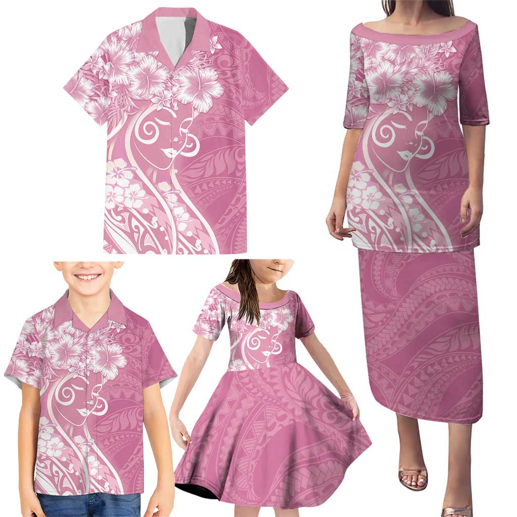 Polynesian Women's Day Family Matching Puletasi and Hawaiian Shirt Pink Hibiscus Flowers With Polynesian Pattern