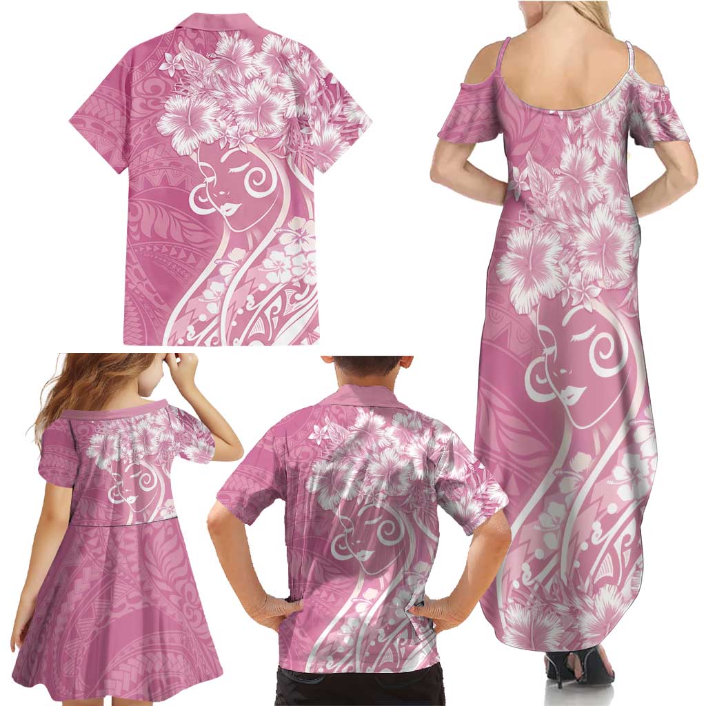 Polynesian Women's Day Family Matching Summer Maxi Dress and Hawaiian Shirt Pink Hibiscus Flowers With Polynesian Pattern