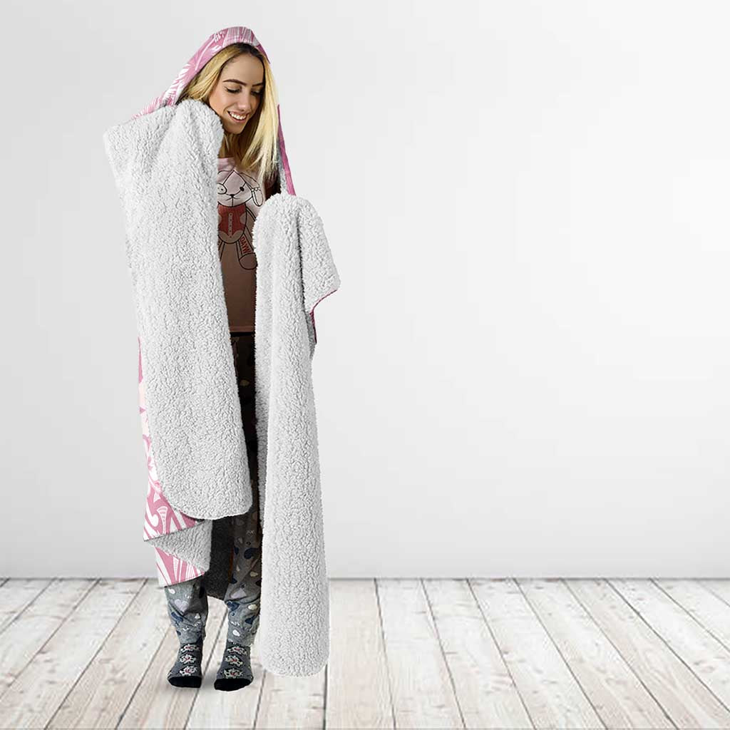 Polynesian Women's Day Hooded Blanket Pink Hibiscus Flowers With Polynesian Pattern