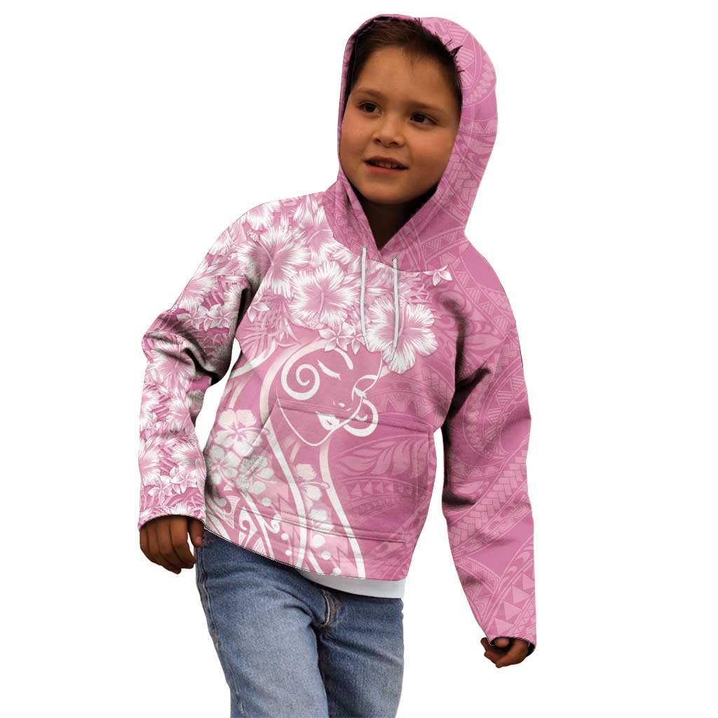 Polynesian Women's Day Kid Hoodie Pink Hibiscus Flowers With Polynesian Pattern