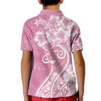 Polynesian Women's Day Kid Polo Shirt Pink Hibiscus Flowers With Polynesian Pattern