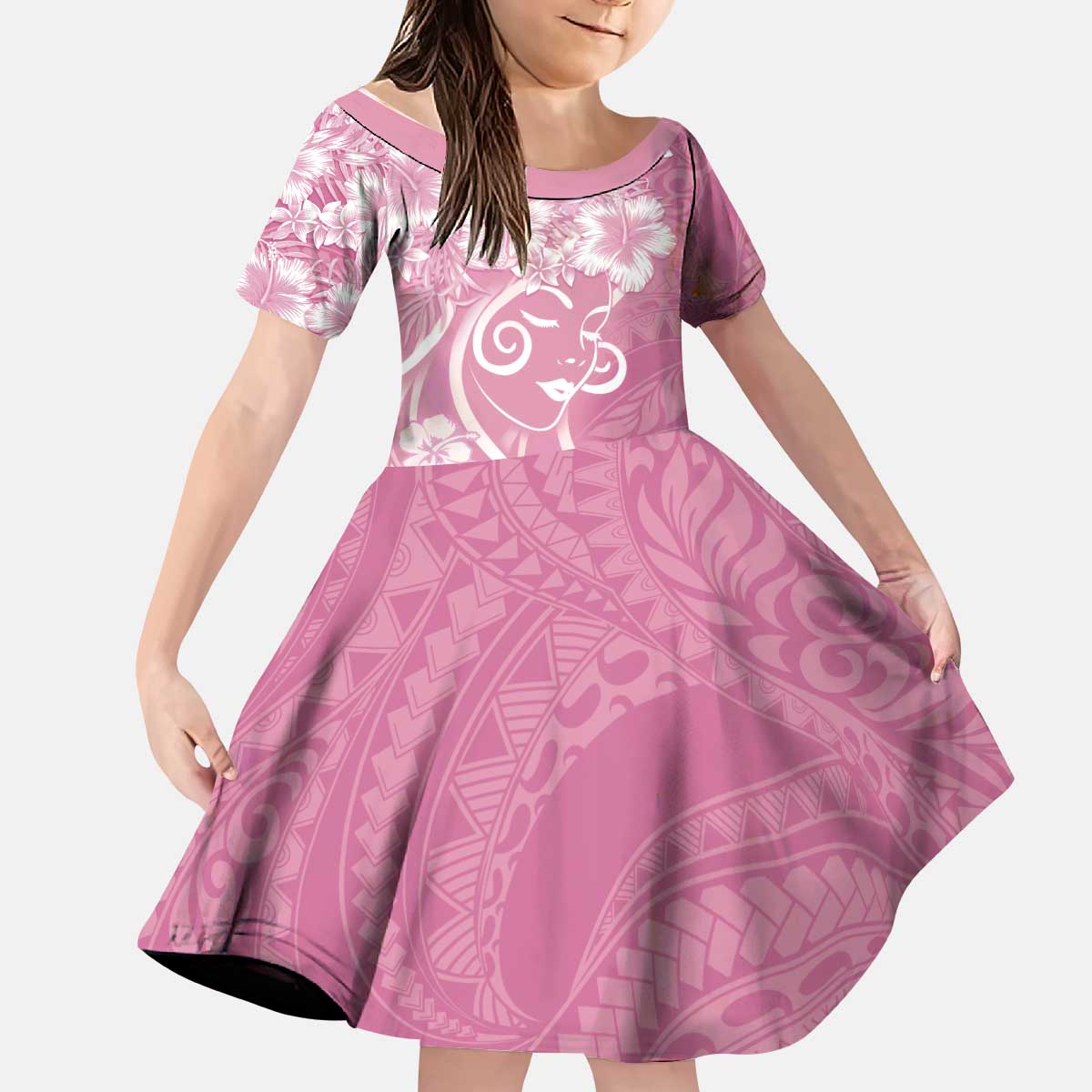 Polynesian Women's Day Kid Short Sleeve Dress Pink Hibiscus Flowers With Polynesian Pattern