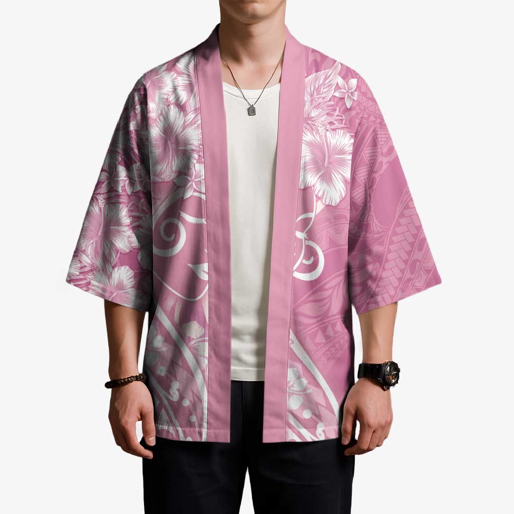 Polynesian Women's Day Kimono Pink Hibiscus Flowers With Polynesian Pattern