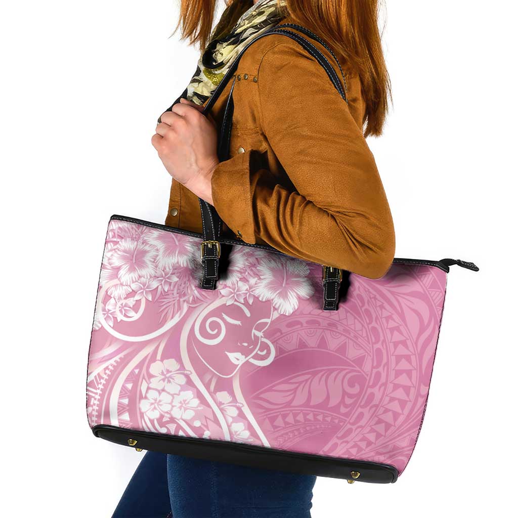 Polynesian Women's Day Leather Tote Bag Pink Hibiscus Flowers With Polynesian Pattern