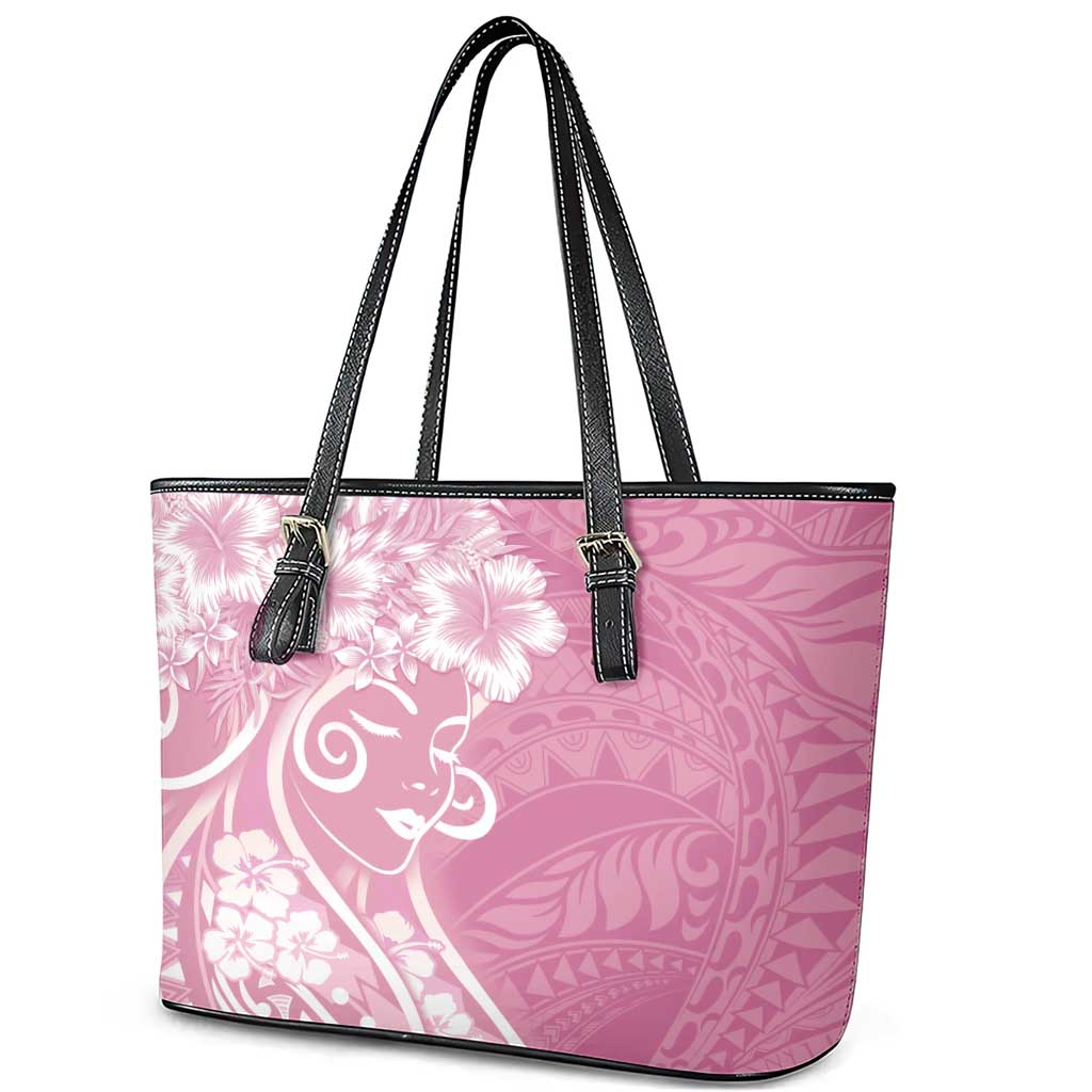 Polynesian Women's Day Leather Tote Bag Pink Hibiscus Flowers With Polynesian Pattern