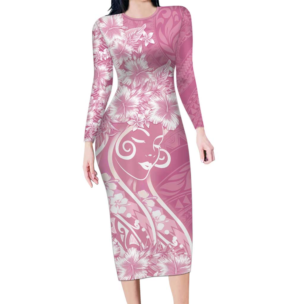 Polynesian Women's Day Long Sleeve Bodycon Dress Pink Hibiscus Flowers With Polynesian Pattern