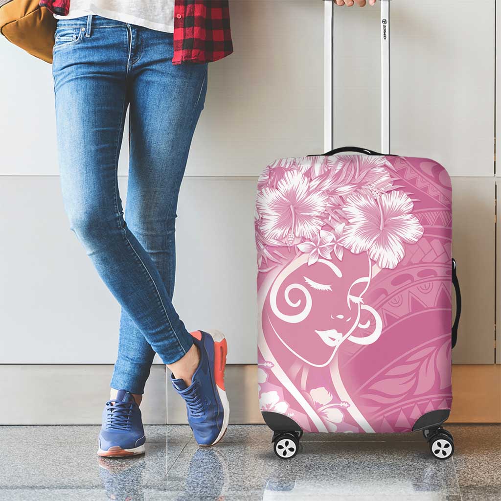 Polynesian Women's Day Luggage Cover Pink Hibiscus Flowers With Polynesian Pattern