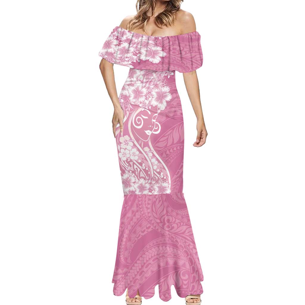 Polynesian Women's Day Mermaid Dress Pink Hibiscus Flowers With Polynesian Pattern
