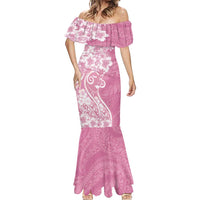 Polynesian Women's Day Mermaid Dress Pink Hibiscus Flowers With Polynesian Pattern