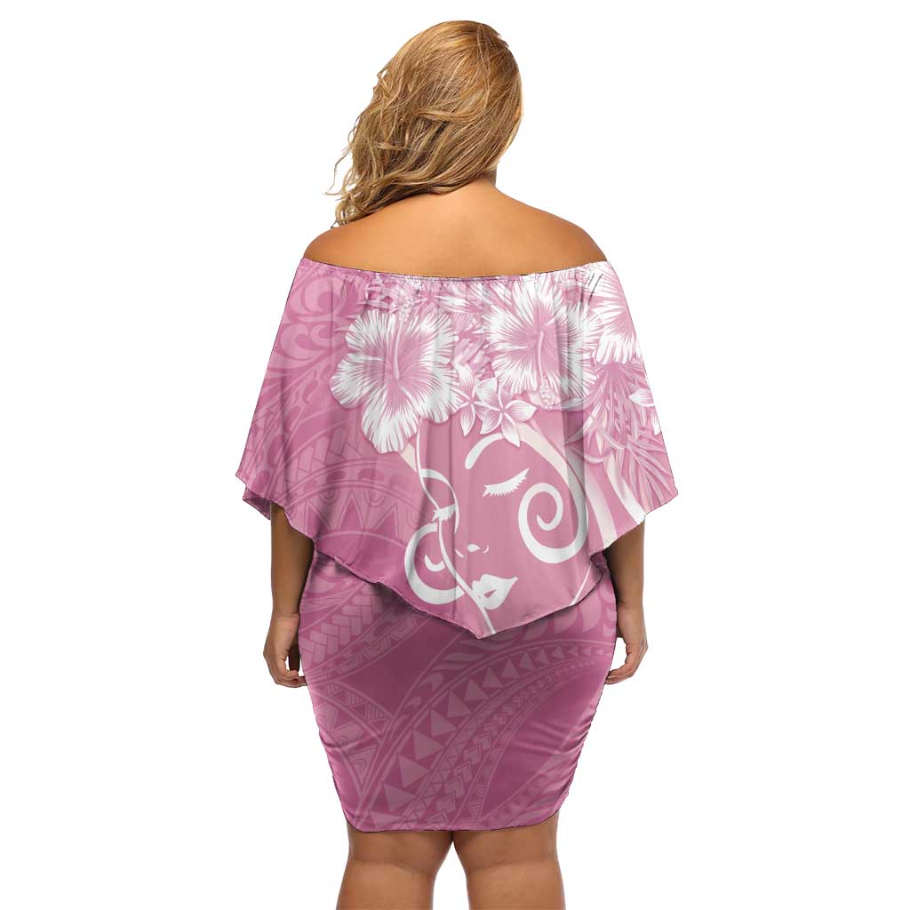 Polynesian Women's Day Off Shoulder Short Dress Pink Hibiscus Flowers With Polynesian Pattern