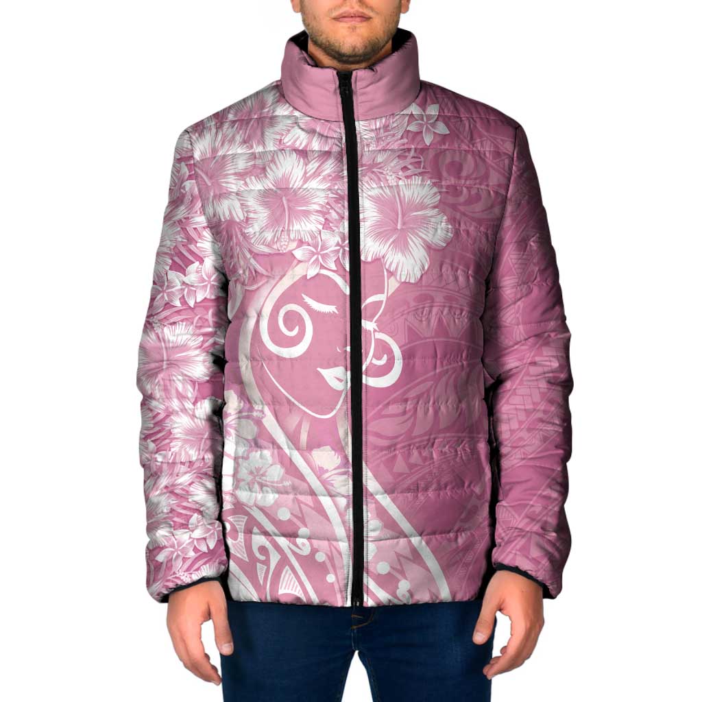Polynesian Women's Day Padded Jacket Pink Hibiscus Flowers With Polynesian Pattern