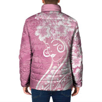 Polynesian Women's Day Padded Jacket Pink Hibiscus Flowers With Polynesian Pattern