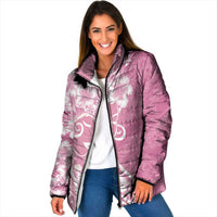 Polynesian Women's Day Padded Jacket Pink Hibiscus Flowers With Polynesian Pattern