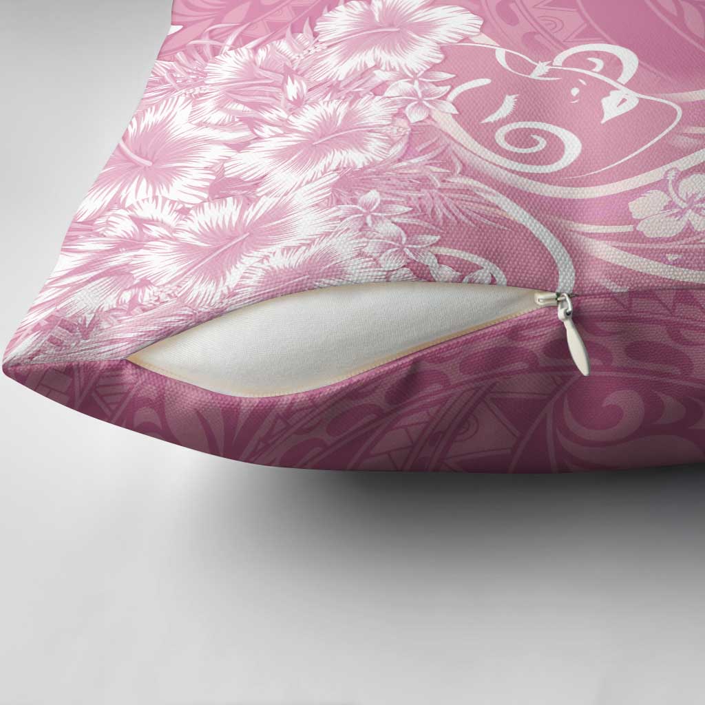 Polynesian Women's Day Pillow Cover Pink Hibiscus Flowers With Polynesian Pattern