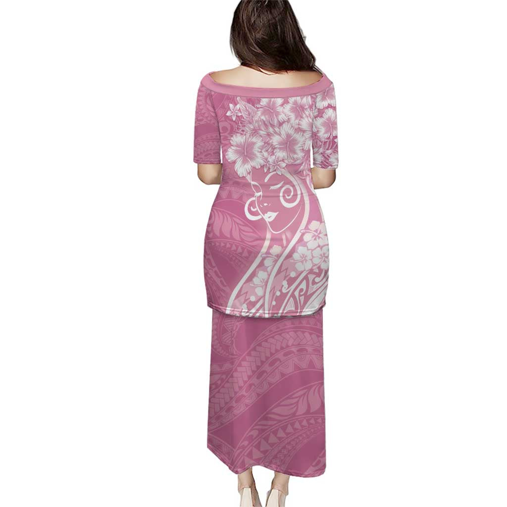 Polynesian Women's Day Puletasi Pink Hibiscus Flowers With Polynesian Pattern