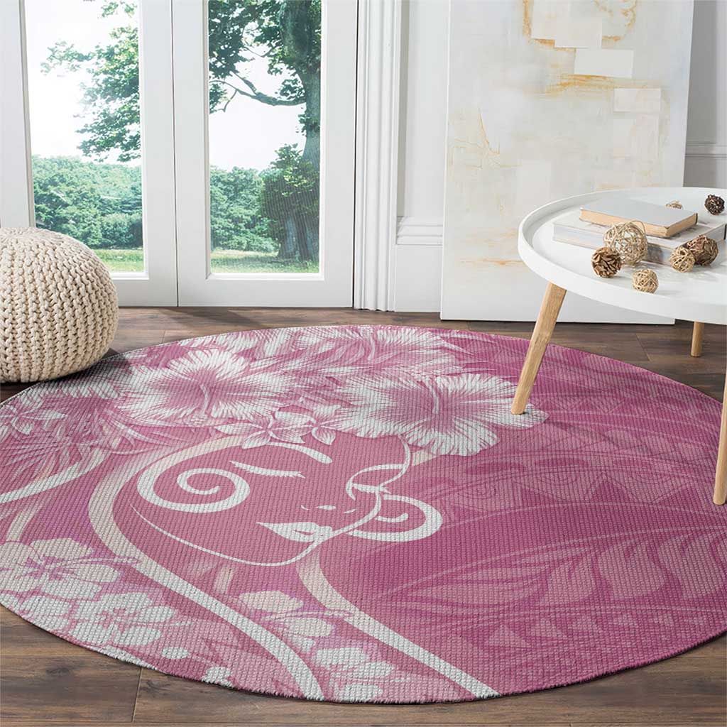 Polynesian Women's Day Round Carpet Pink Hibiscus Flowers With Polynesian Pattern