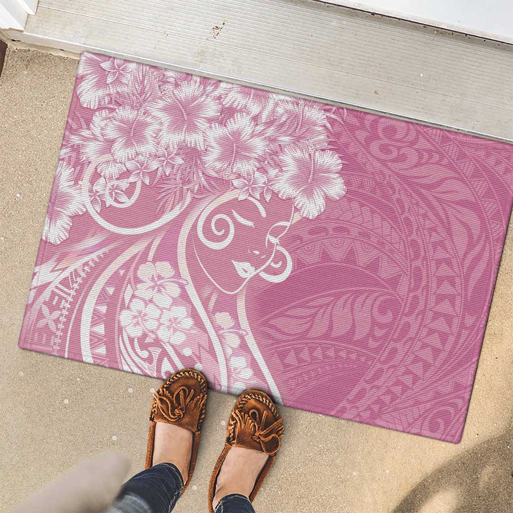 Polynesian Women's Day Rubber Doormat Pink Hibiscus Flowers With Polynesian Pattern