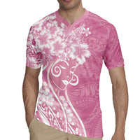 Polynesian Women's Day Rugby Jersey Pink Hibiscus Flowers With Polynesian Pattern