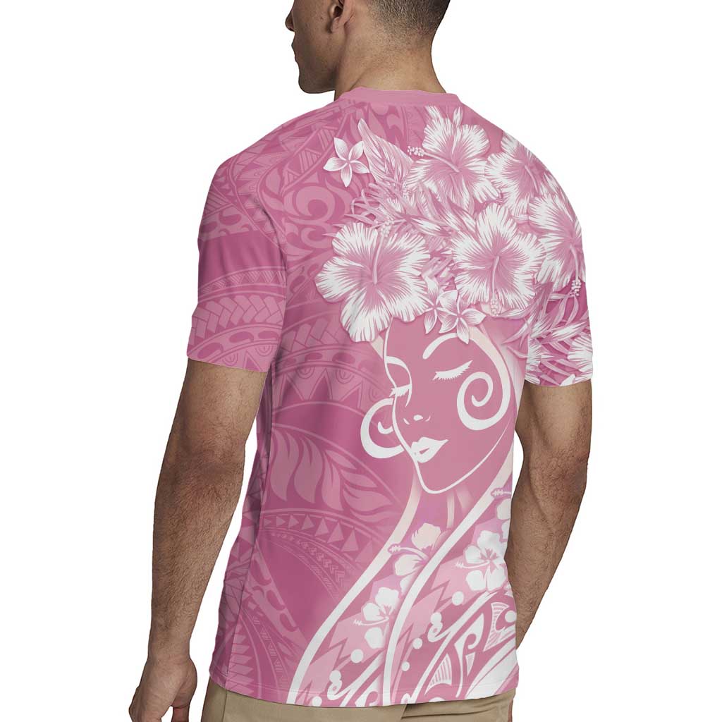 Polynesian Women's Day Rugby Jersey Pink Hibiscus Flowers With Polynesian Pattern
