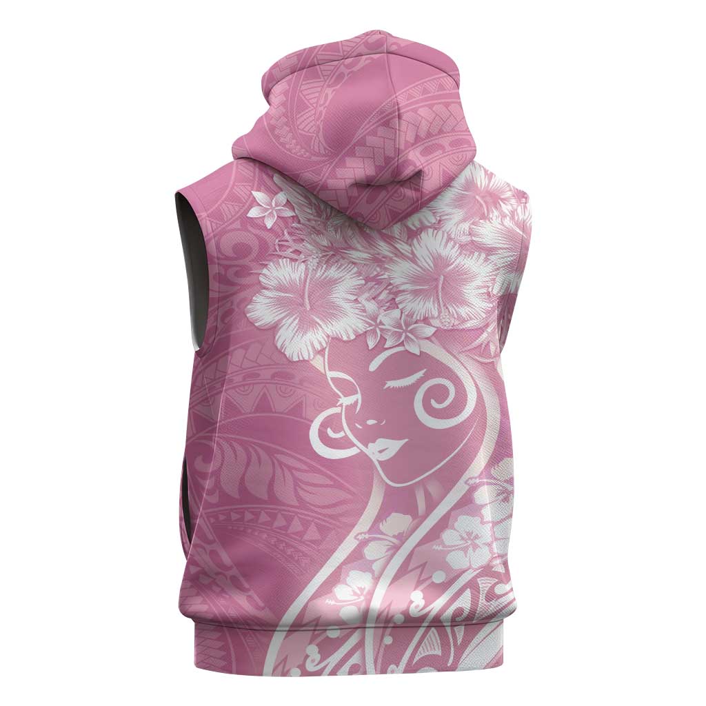 Polynesian Women's Day Sleeveless Hoodie Pink Hibiscus Flowers With Polynesian Pattern