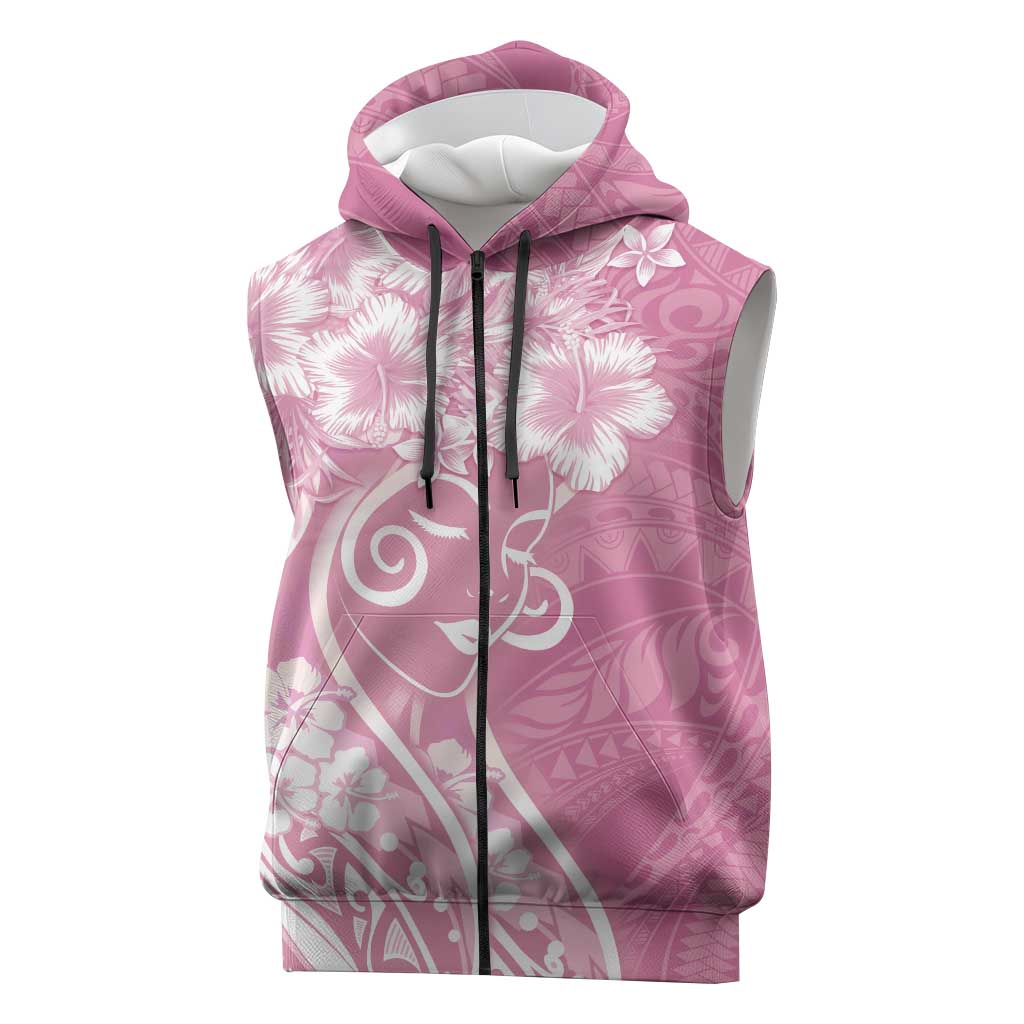 Polynesian Women's Day Sleeveless Zip Hoodie Pink Hibiscus Flowers With Polynesian Pattern