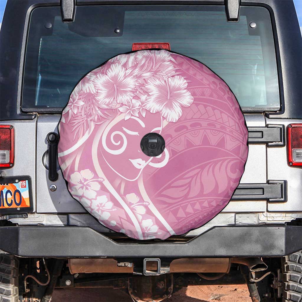 Polynesian Women's Day Spare Tire Cover Pink Hibiscus Flowers With Polynesian Pattern