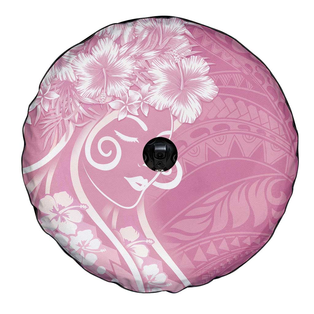 Polynesian Women's Day Spare Tire Cover Pink Hibiscus Flowers With Polynesian Pattern