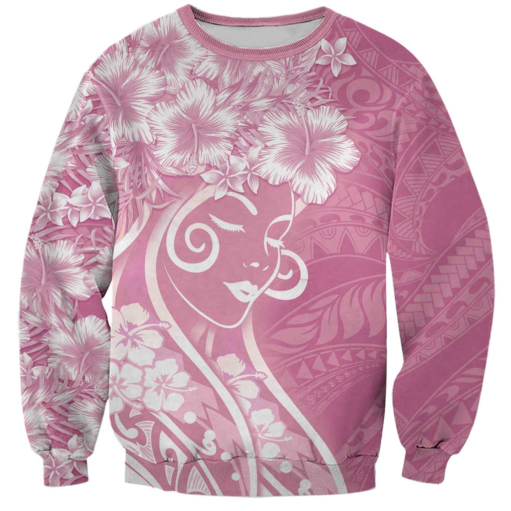 Polynesian Women's Day Sweatshirt Pink Hibiscus Flowers With Polynesian Pattern