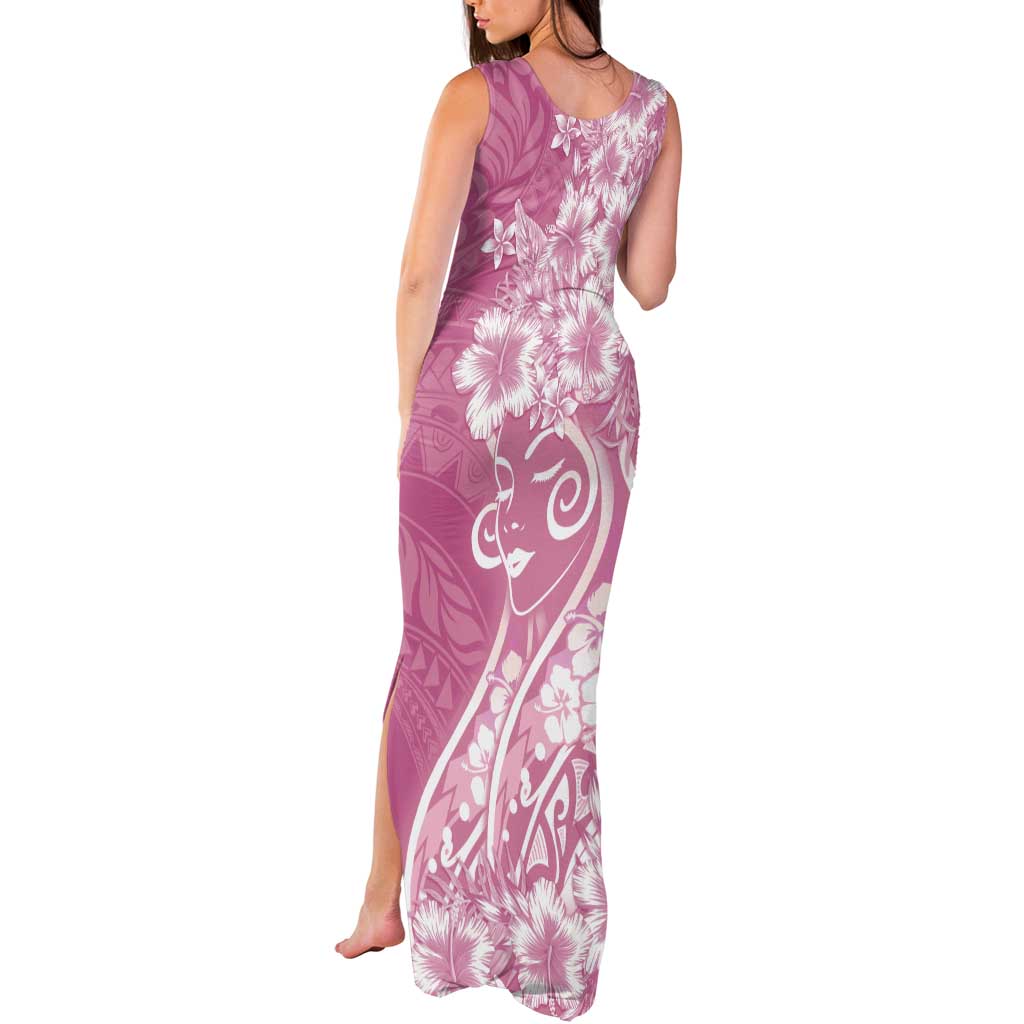 Polynesian Women's Day Tank Maxi Dress Pink Hibiscus Flowers With Polynesian Pattern