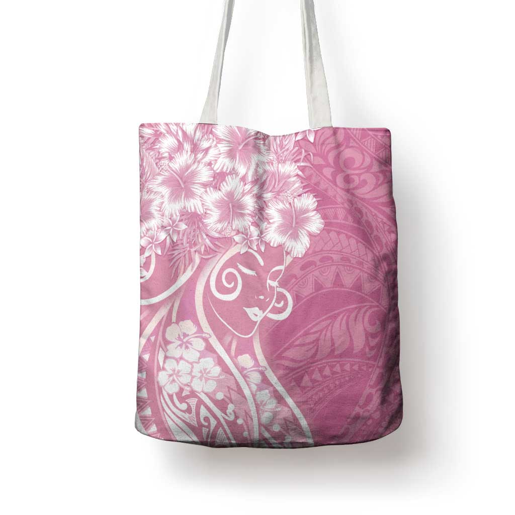 Polynesian Women's Day Tote Bag Pink Hibiscus Flowers With Polynesian Pattern