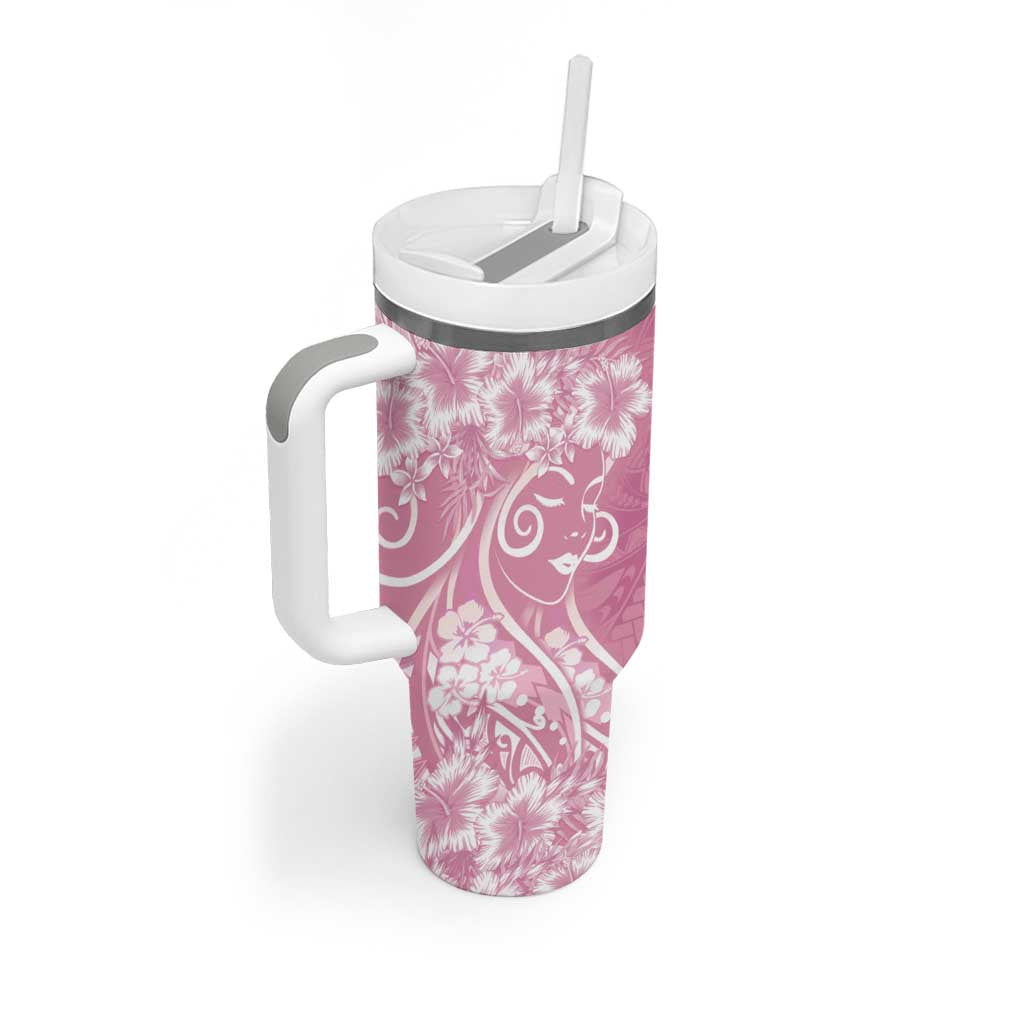 Polynesian Women's Day Tumbler With Handle Pink Hibiscus Flowers With Polynesian Pattern