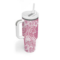 Polynesian Women's Day Tumbler With Handle Pink Hibiscus Flowers With Polynesian Pattern