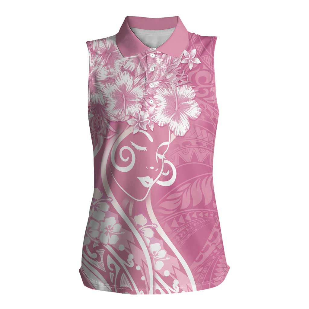 Polynesian Women's Day Women Sleeveless Polo Shirt Pink Hibiscus Flowers With Polynesian Pattern