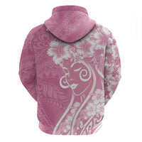 Polynesian Women's Day Zip Hoodie Pink Hibiscus Flowers With Polynesian Pattern