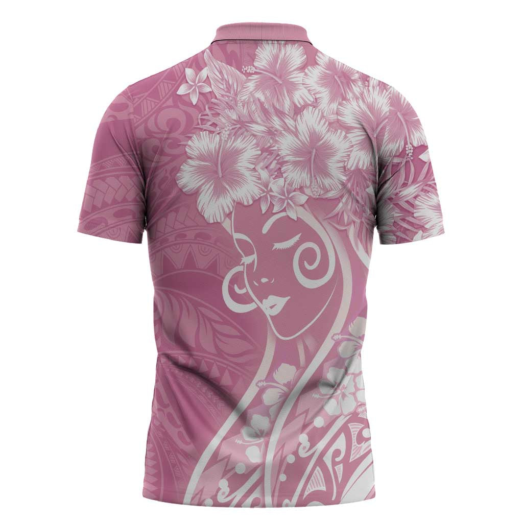 Polynesian Women's Day Zipper Polo Shirt Pink Hibiscus Flowers With Polynesian Pattern