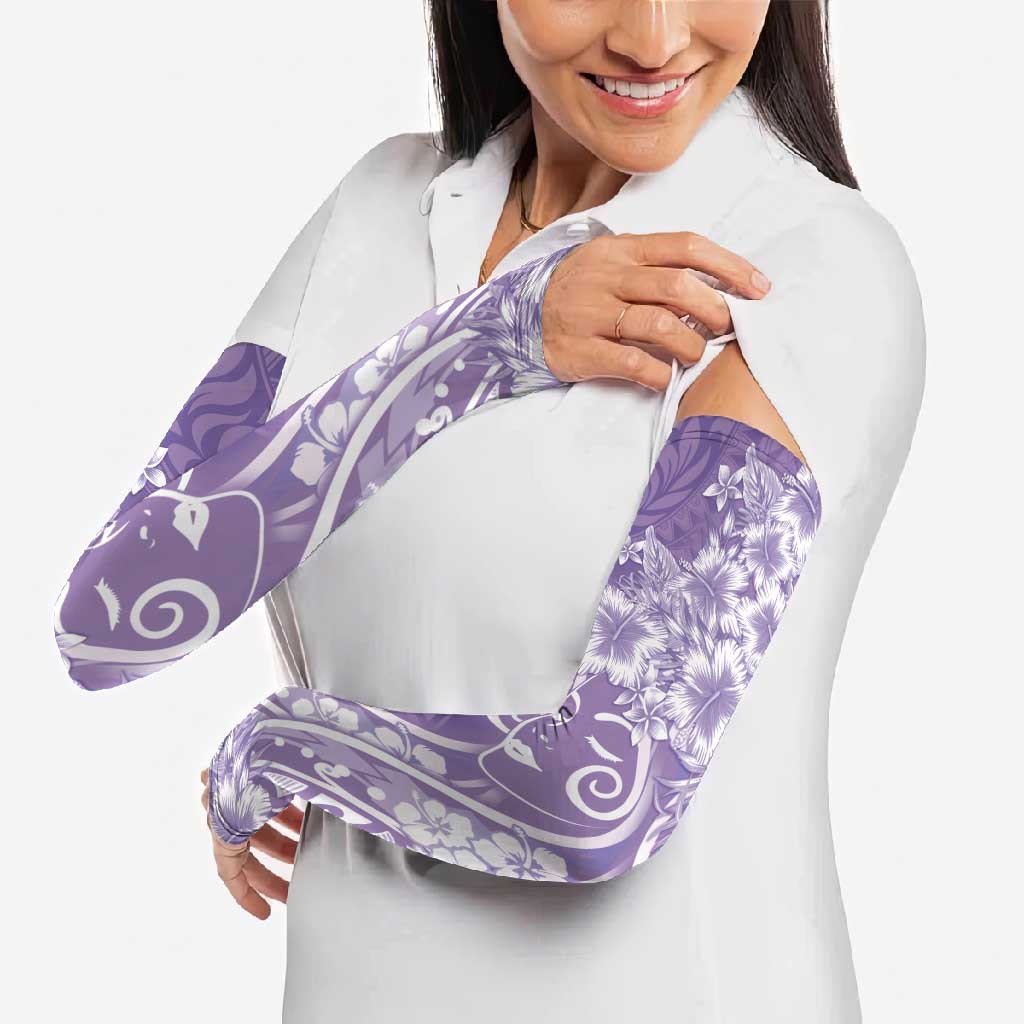 Polynesian Women's Day Arm Sleeves Purple Hibiscus Flowers With Polynesian Pattern