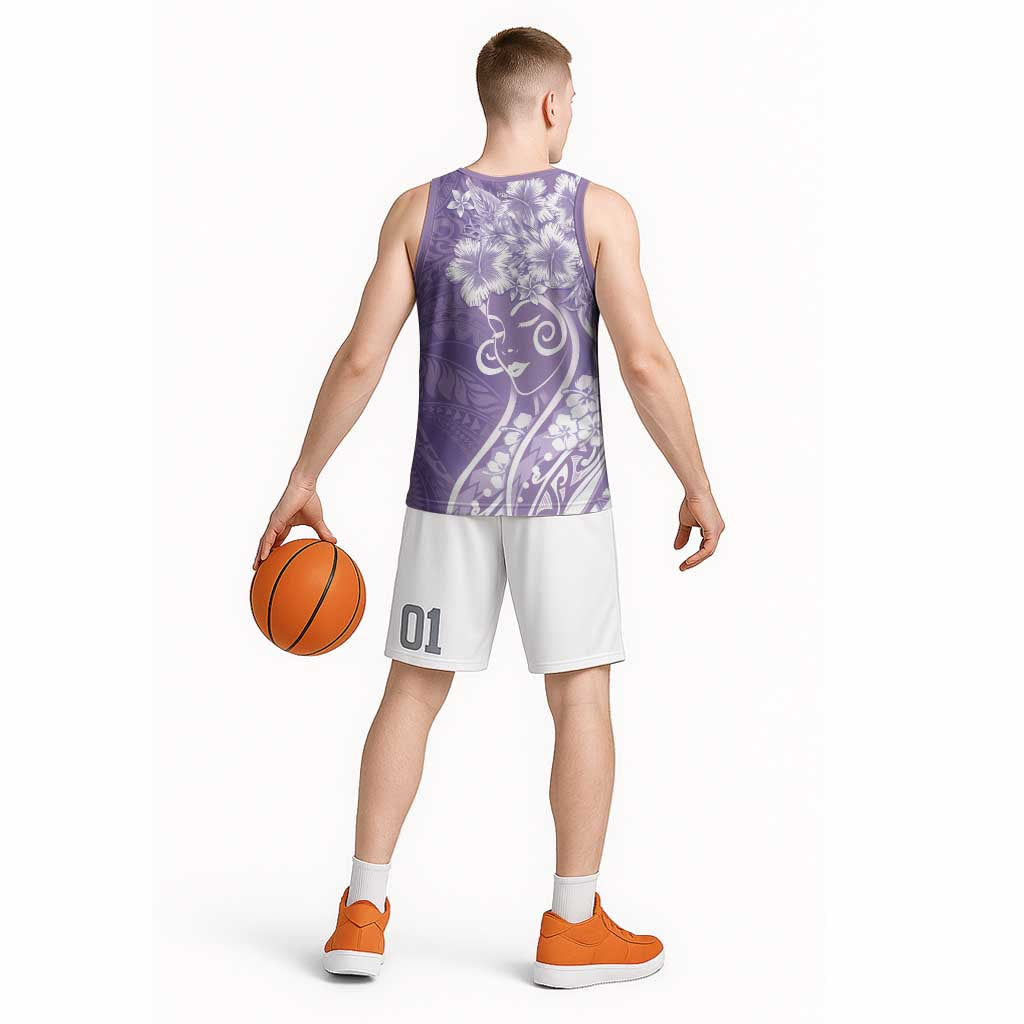 Polynesian Women's Day Basketball Jersey Purple Hibiscus Flowers With Polynesian Pattern