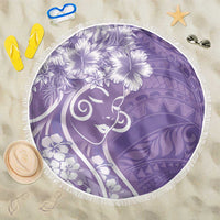 Polynesian Women's Day Beach Blanket Purple Hibiscus Flowers With Polynesian Pattern