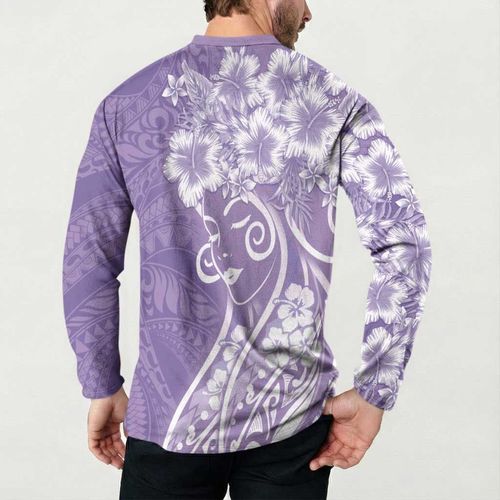 Polynesian Women's Day Button Sweatshirt Purple Hibiscus Flowers With Polynesian Pattern