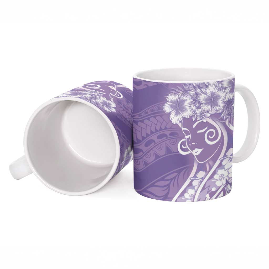 Polynesian Women's Day Ceramic Mug Purple Hibiscus Flowers With Polynesian Pattern